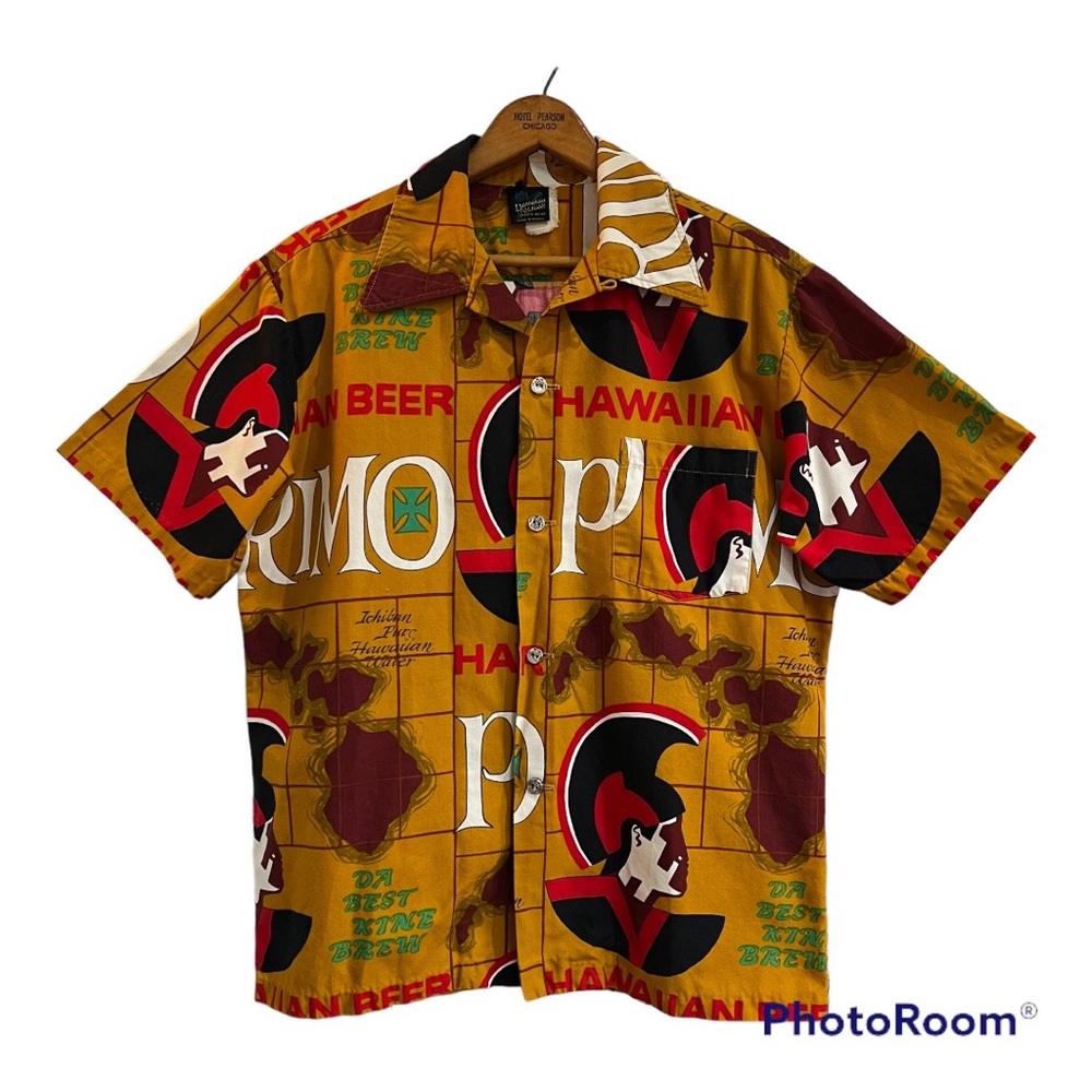 PRIMO BEER Vintage Hawaiian Cotton Aloha Buttons RARE Size Medium.